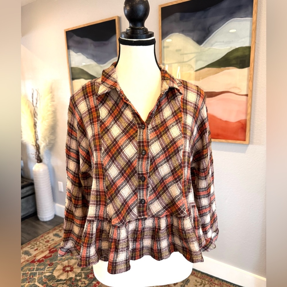 Free People Plaid Button-Up Blouse - Red and Brown